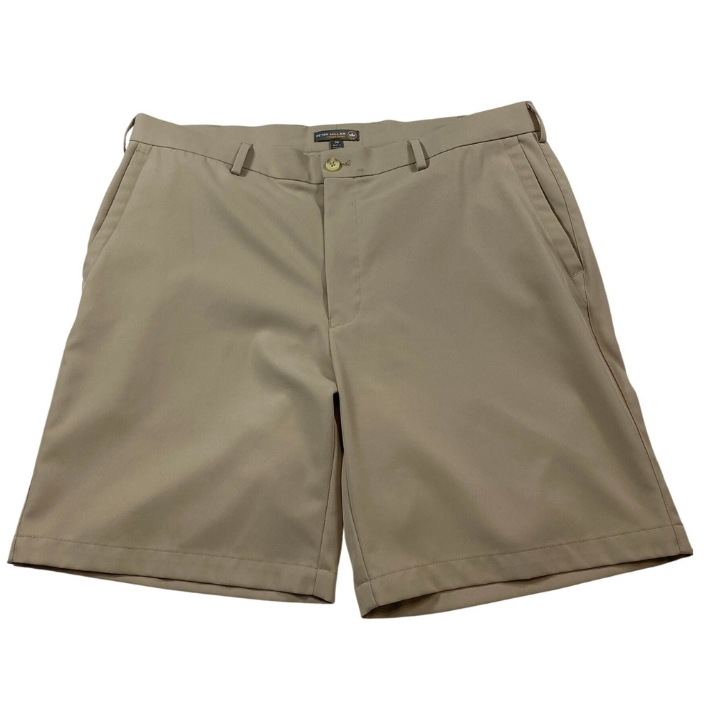 Peter Millar Crown Sport Mens 36 Khaki Tan Performance Golf Chino Shorts 8.5"